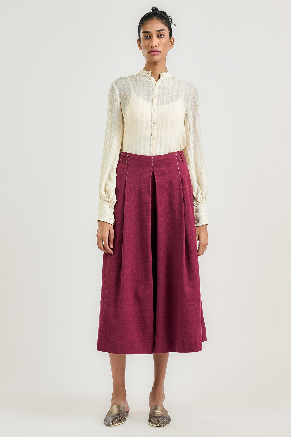 Burgundy Cotton Pleated Culotte Pants by OTT by Tarun Tahiliani at Pernia's Pop Up Shop