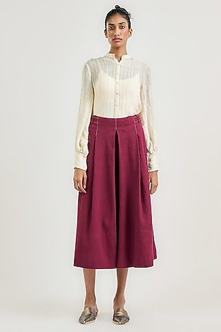 Burgundy Cotton Pleated Culotte Pants by OTT by Tarun Tahiliani