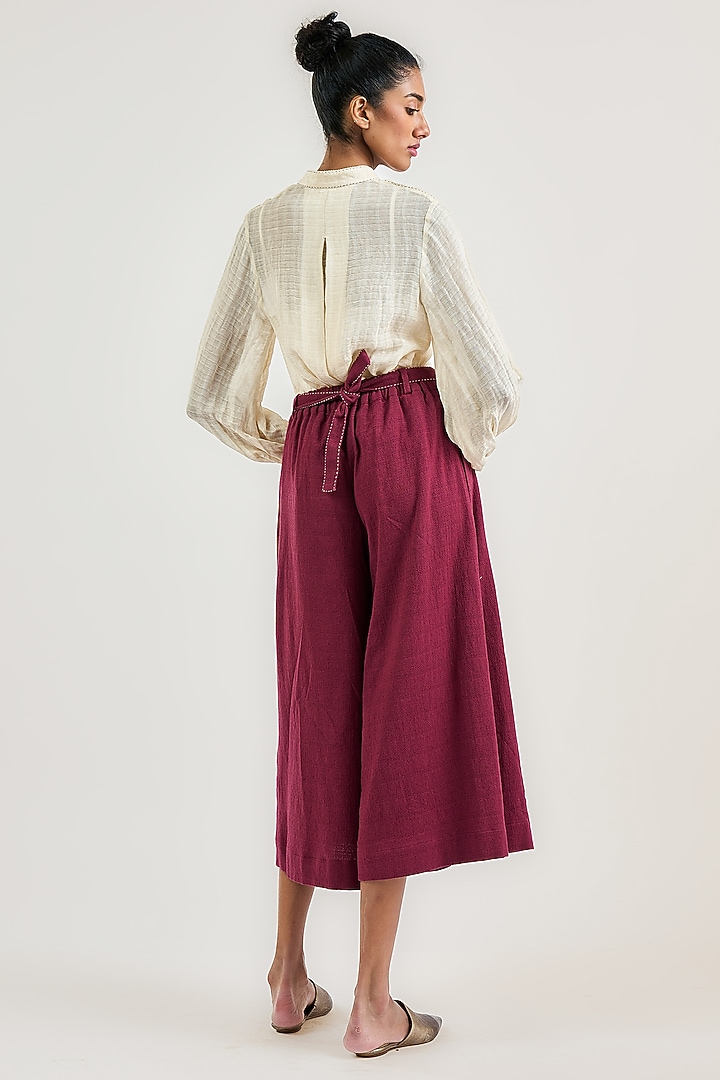 Burgundy Cotton Pleated Culotte Pants by OTT by Tarun Tahiliani at Pernia's Pop Up Shop