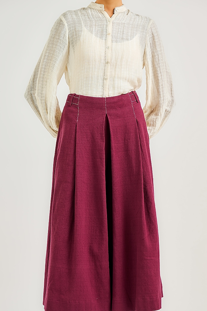 Burgundy Cotton Pleated Culotte Pants by OTT by Tarun Tahiliani at Pernia's Pop Up Shop