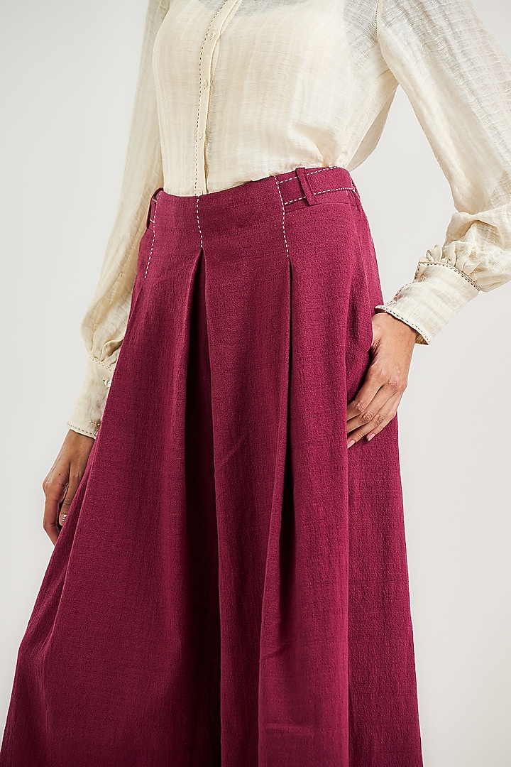 Burgundy Cotton Pleated Culotte Pants by OTT by Tarun Tahiliani at Pernia's Pop Up Shop