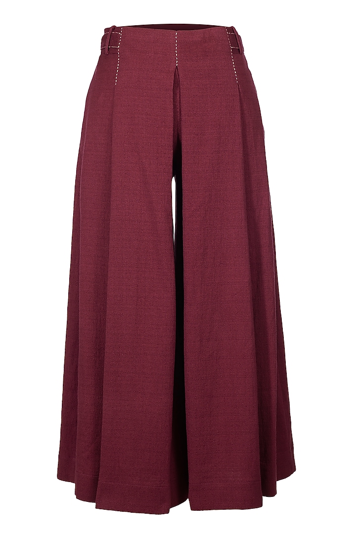 Burgundy Cotton Pleated Culotte Pants by OTT by Tarun Tahiliani at Pernia's Pop Up Shop