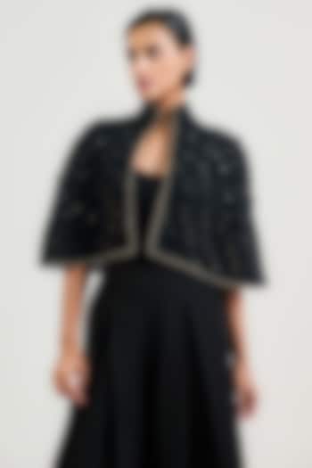 Black Tulle Mukaish Embroidered Pleated Cape by OTT by Tarun Tahiliani at Pernia's Pop Up Shop