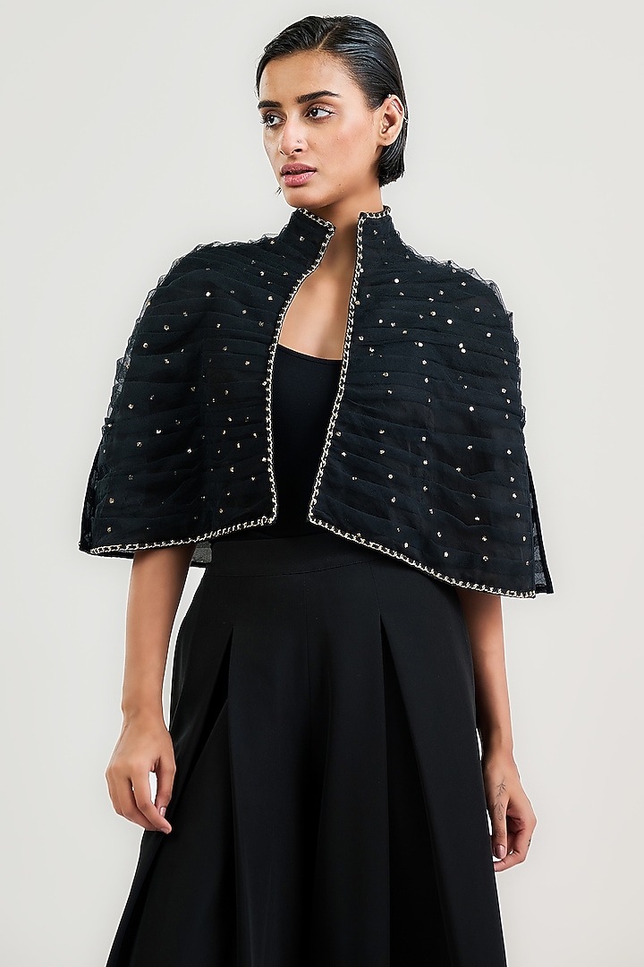 Black Tulle Mukaish Embroidered Pleated Cape by OTT by Tarun Tahiliani at Pernia's Pop Up Shop