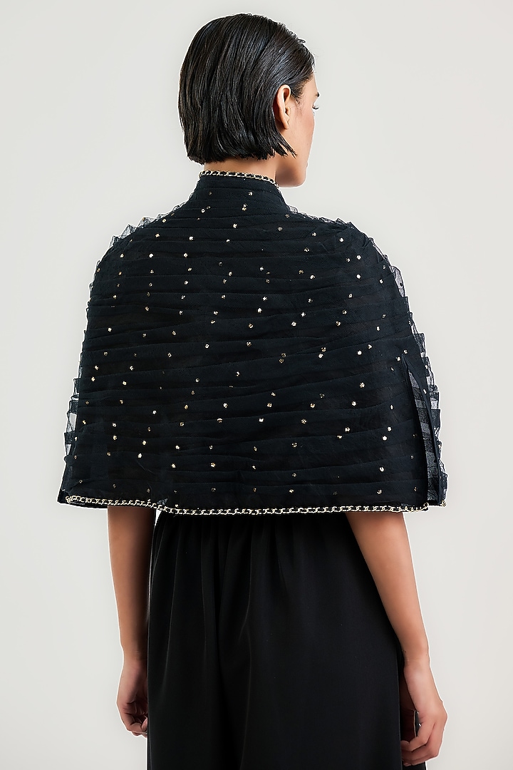 Black Tulle Mukaish Embroidered Pleated Cape by OTT by Tarun Tahiliani at Pernia's Pop Up Shop