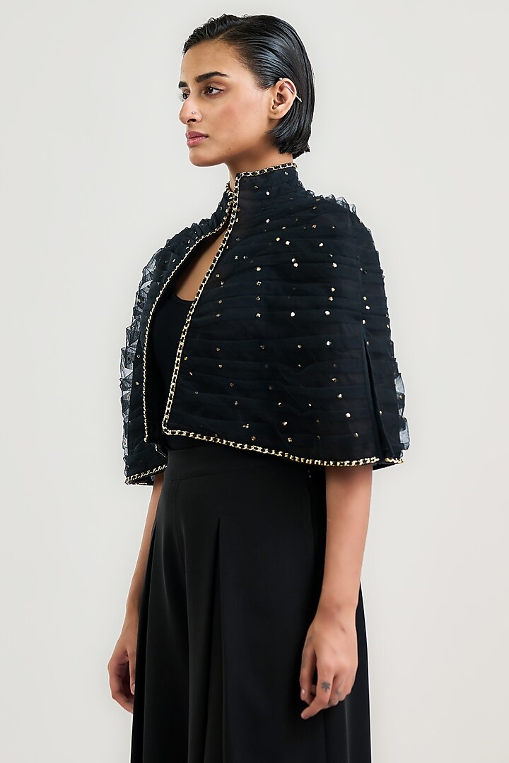 Black Tulle Mukaish Embroidered Pleated Cape by OTT by Tarun Tahiliani at Pernia's Pop Up Shop