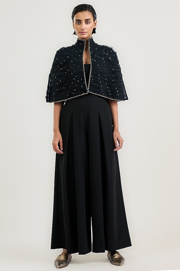 Black Tulle Mukaish Embroidered Pleated Cape by OTT by Tarun Tahiliani at Pernia's Pop Up Shop