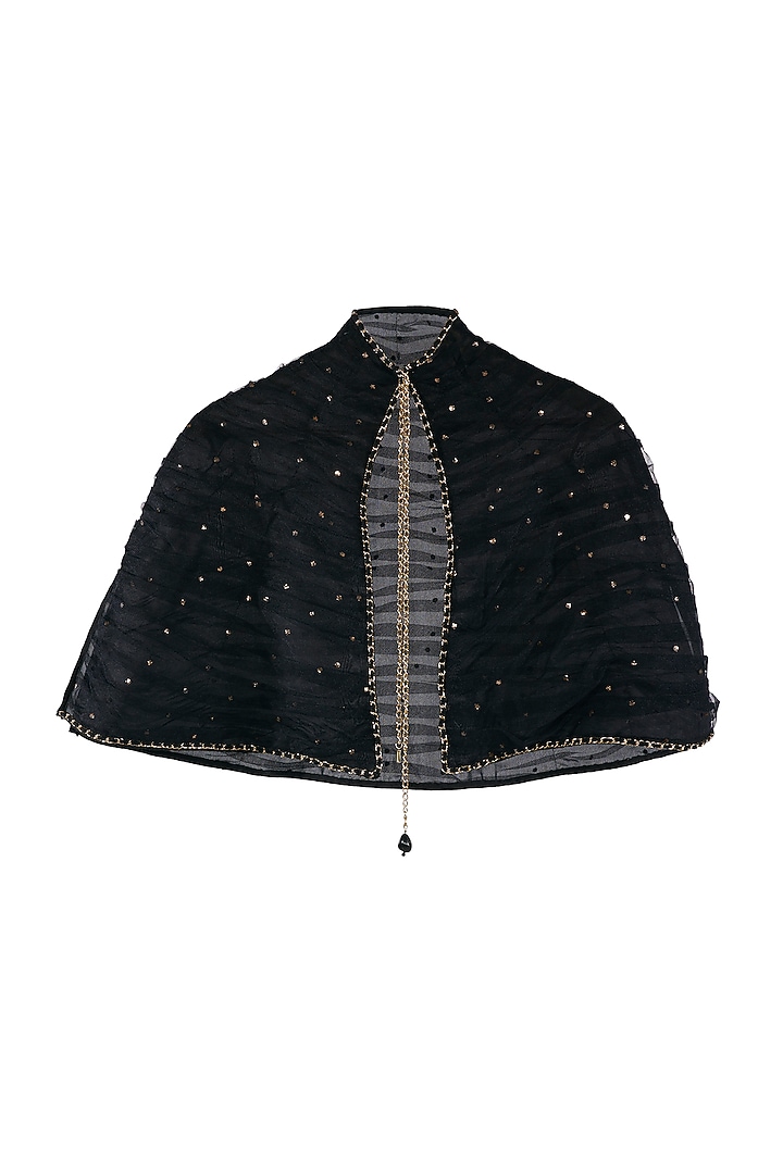 Black Tulle Mukaish Embroidered Pleated Cape by OTT by Tarun Tahiliani at Pernia's Pop Up Shop