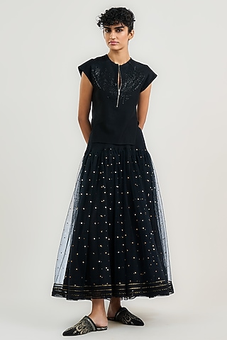 Black Tulle Mukaish Embroidered Maxi Skirt by OTT by Tarun Tahiliani