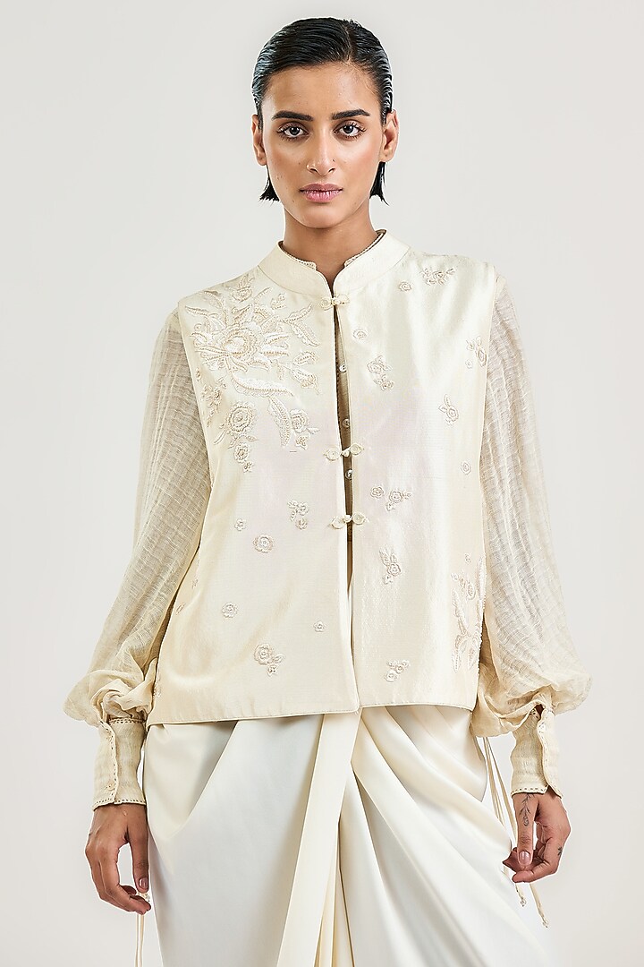 Ivory Dupion Silk Kashmiri Embroidered Gilet by OTT by Tarun Tahiliani at Pernia's Pop Up Shop