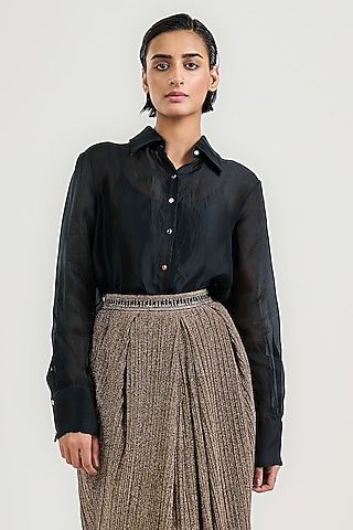 Black Sheer Silk Organza Shirt by OTT by Tarun Tahiliani