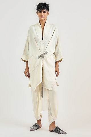 Ivory Viscose Double Georgette Draped Trousers by OTT by Tarun Tahiliani