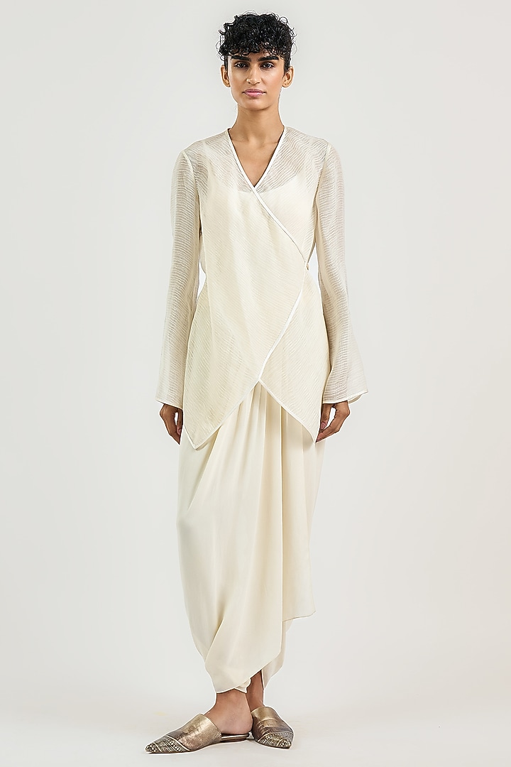 Ivory Viscose Double Georgette Draped Trousers by OTT by Tarun Tahiliani at Pernia's Pop Up Shop