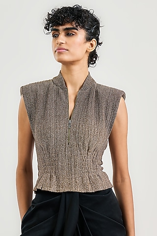 Gold Crinkle Zipped Top by OTT by Tarun Tahiliani