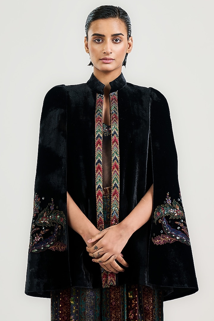 Black Silk Velvet Embroidered Cape by OTT by Tarun Tahiliani at Pernia's Pop Up Shop