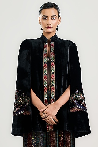 Black Silk Velvet Embroidered Cape by OTT by Tarun Tahiliani