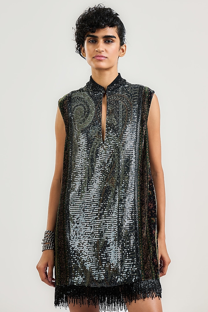 Black Georgette Jamawar Printed Tunic by OTT by Tarun Tahiliani at Pernia's Pop Up Shop