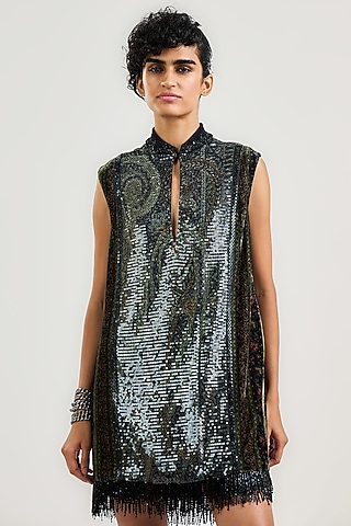 Black Georgette Jamawar Printed Tunic by OTT by Tarun Tahiliani