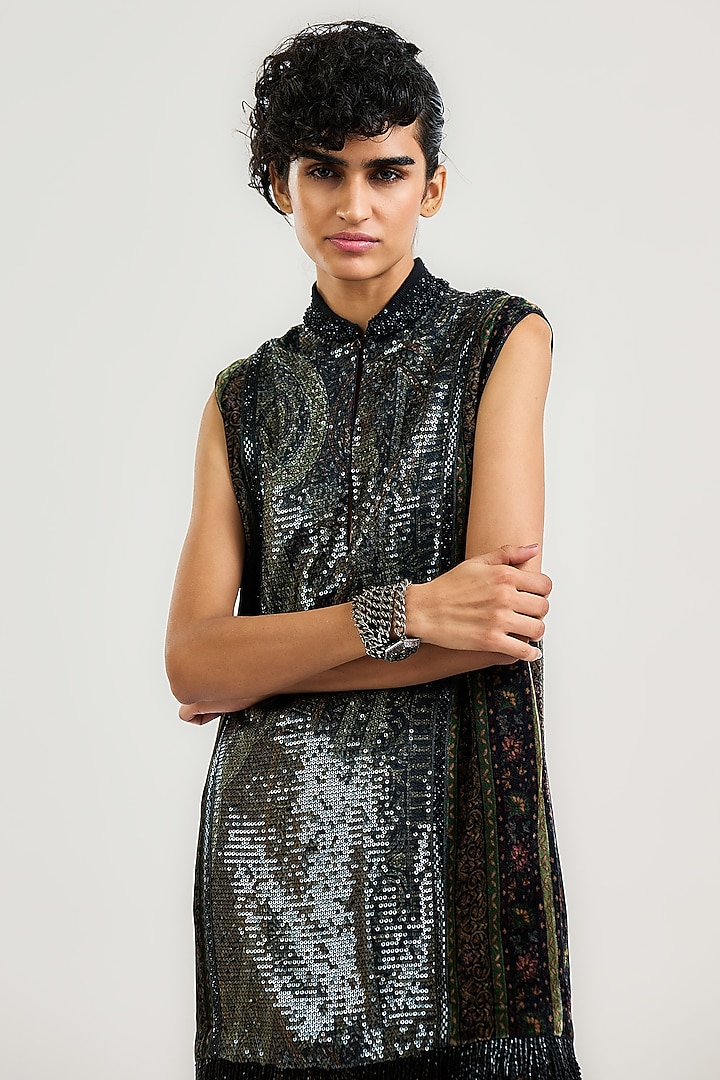 Black Georgette Jamawar Printed Tunic by OTT by Tarun Tahiliani at Pernia's Pop Up Shop