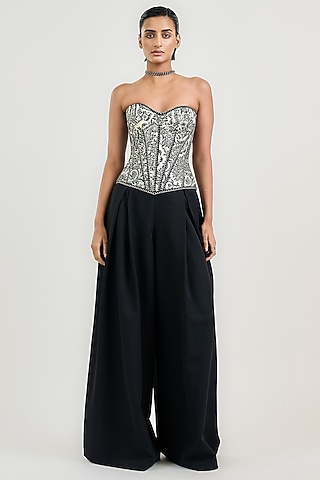 Ivory Silk Satin Organza Thread Work Corset by OTT by Tarun Tahiliani