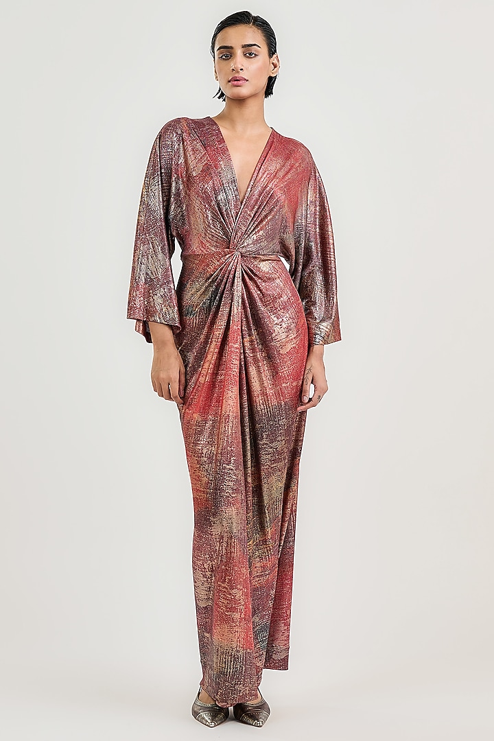 Rust Metallic Jersey Printed Maxi Cocktail Dress by OTT by Tarun Tahiliani at Pernia's Pop Up Shop