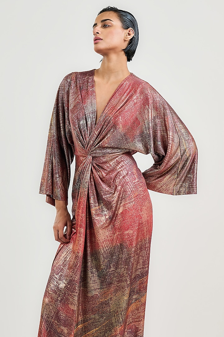 Rust Metallic Jersey Printed Maxi Cocktail Dress by OTT by Tarun Tahiliani at Pernia's Pop Up Shop