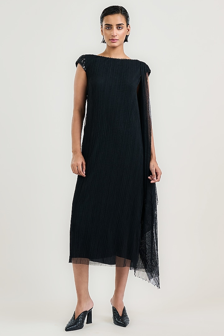 Black Crinkle Tulle Draped Midi Cocktail Dress by OTT by Tarun Tahiliani at Pernia's Pop Up Shop