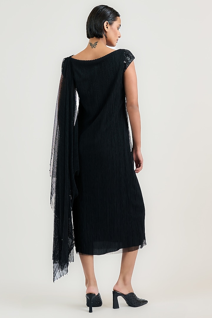 Black Crinkle Tulle Draped Midi Cocktail Dress by OTT by Tarun Tahiliani at Pernia's Pop Up Shop