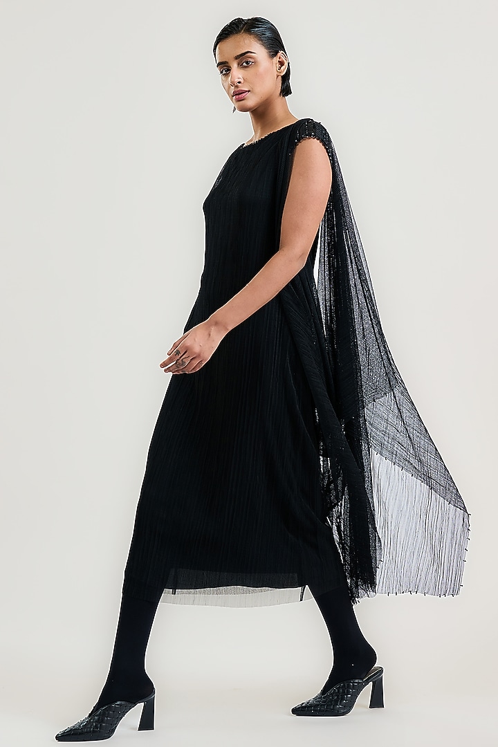 Black Crinkle Tulle Draped Midi Cocktail Dress by OTT by Tarun Tahiliani at Pernia's Pop Up Shop
