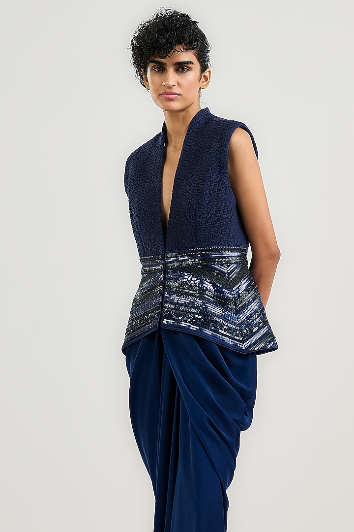 Navy Handwoven Cotton Sequin Embroidered Waistcoat by OTT by Tarun Tahiliani at Pernia's Pop Up Shop