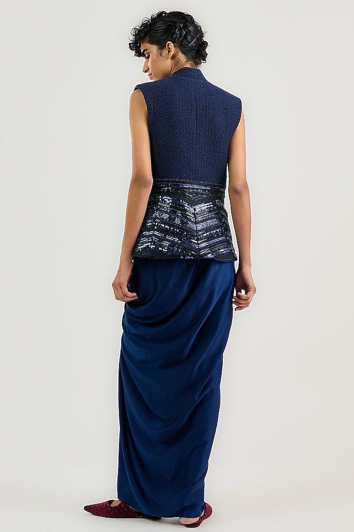 Navy Handwoven Cotton Sequin Embroidered Waistcoat by OTT by Tarun Tahiliani at Pernia's Pop Up Shop
