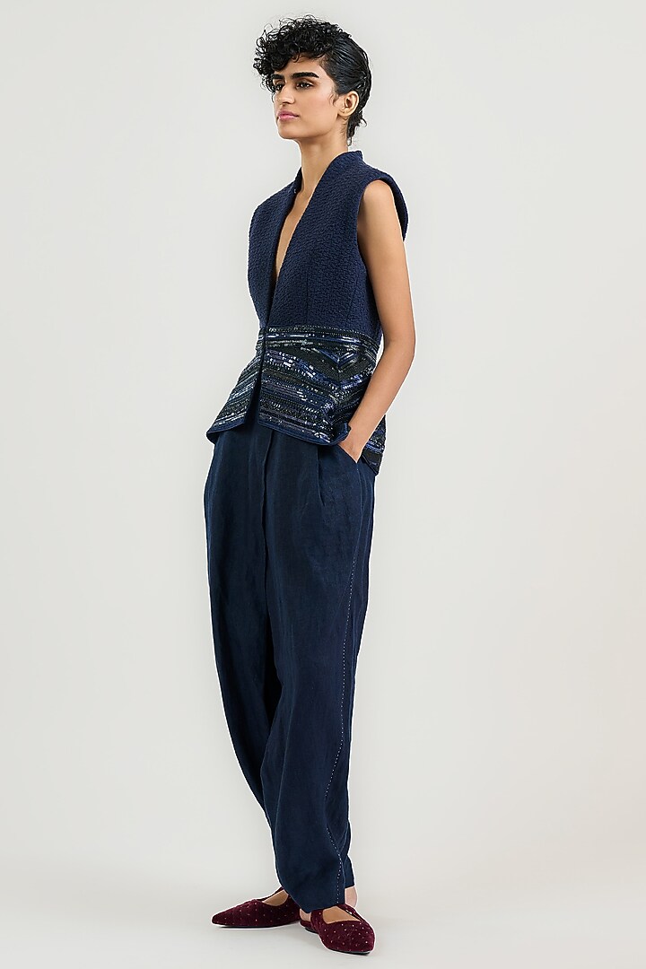 Navy Handwoven Cotton Sequin Embroidered Waistcoat by OTT by Tarun Tahiliani at Pernia's Pop Up Shop