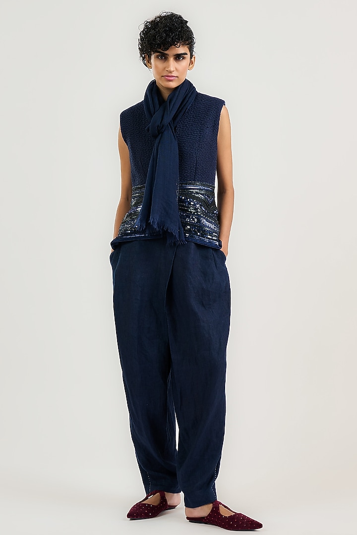 Navy Handwoven Cotton Sequin Embroidered Waistcoat by OTT by Tarun Tahiliani at Pernia's Pop Up Shop