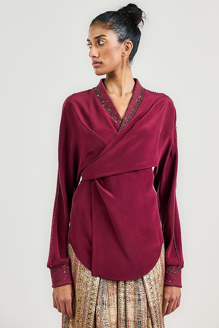 Burgundy Silk Crepe Wrap Top by OTT by Tarun Tahiliani at Pernia's Pop Up Shop