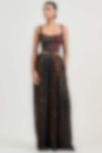 Burgundy Velvet Jamawar Stripe Printed Trousers by OTT by Tarun Tahiliani at Pernia's Pop Up Shop