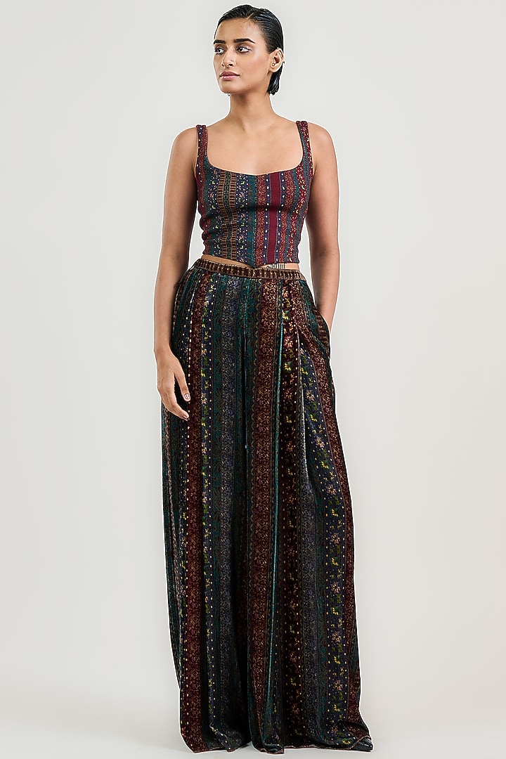 Burgundy Velvet Jamawar Stripe Printed Trousers by OTT by Tarun Tahiliani at Pernia's Pop Up Shop
