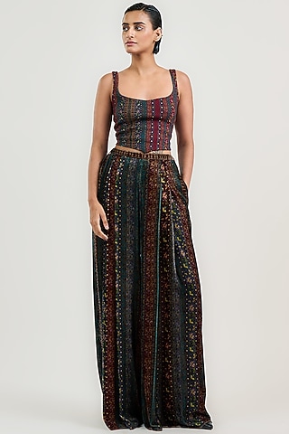 Burgundy Velvet Jamawar Stripe Printed Trousers by OTT by Tarun Tahiliani