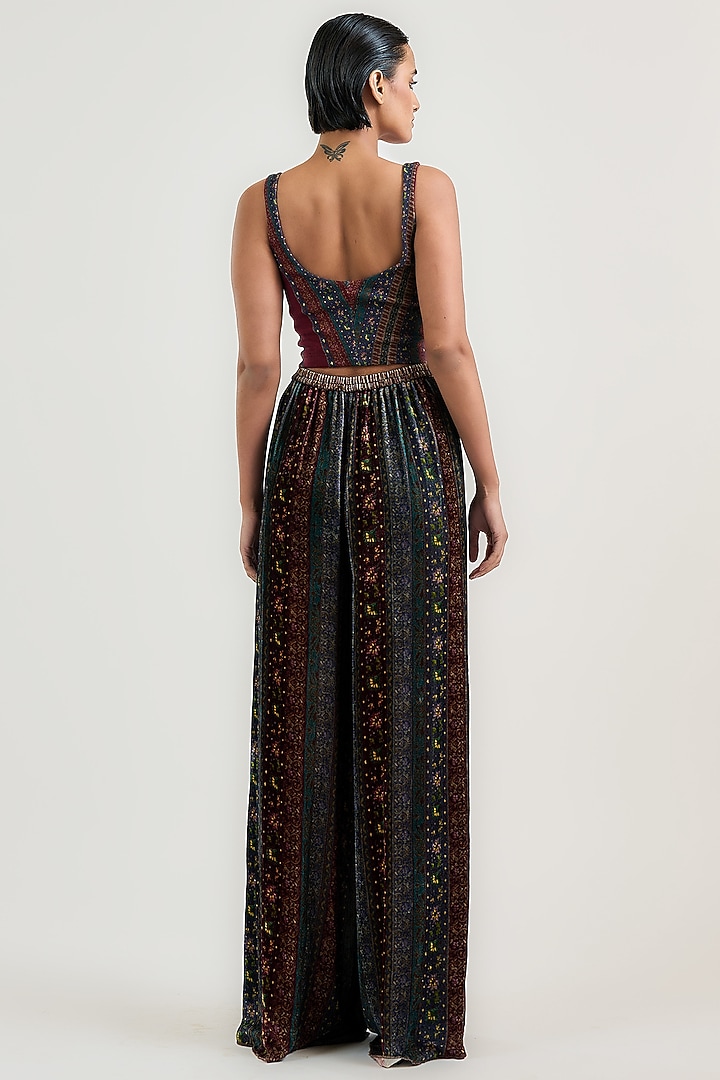 Burgundy Velvet Jamawar Stripe Printed Trousers by OTT by Tarun Tahiliani at Pernia's Pop Up Shop