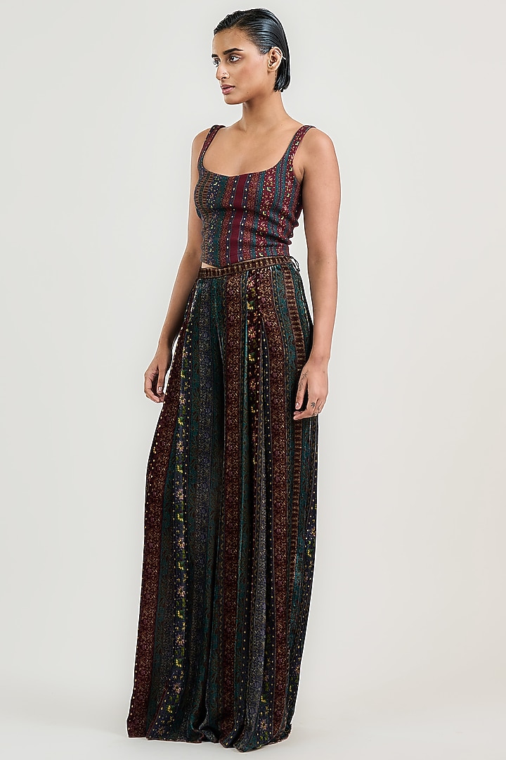 Burgundy Velvet Jamawar Stripe Printed Trousers by OTT by Tarun Tahiliani at Pernia's Pop Up Shop