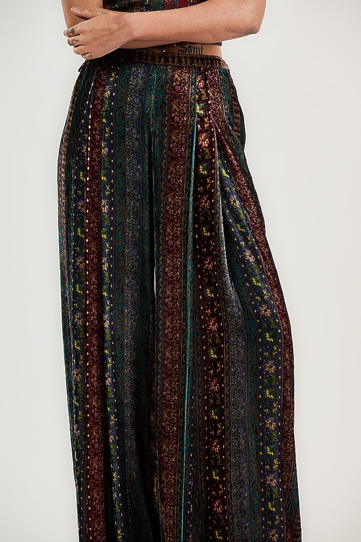 Burgundy Velvet Jamawar Stripe Printed Trousers by OTT by Tarun Tahiliani at Pernia's Pop Up Shop