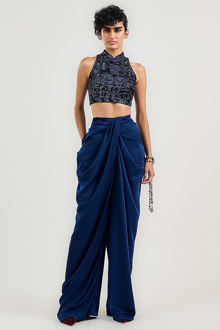 Navy Satin Pants by OTT by Tarun Tahiliani at Pernia's Pop Up Shop