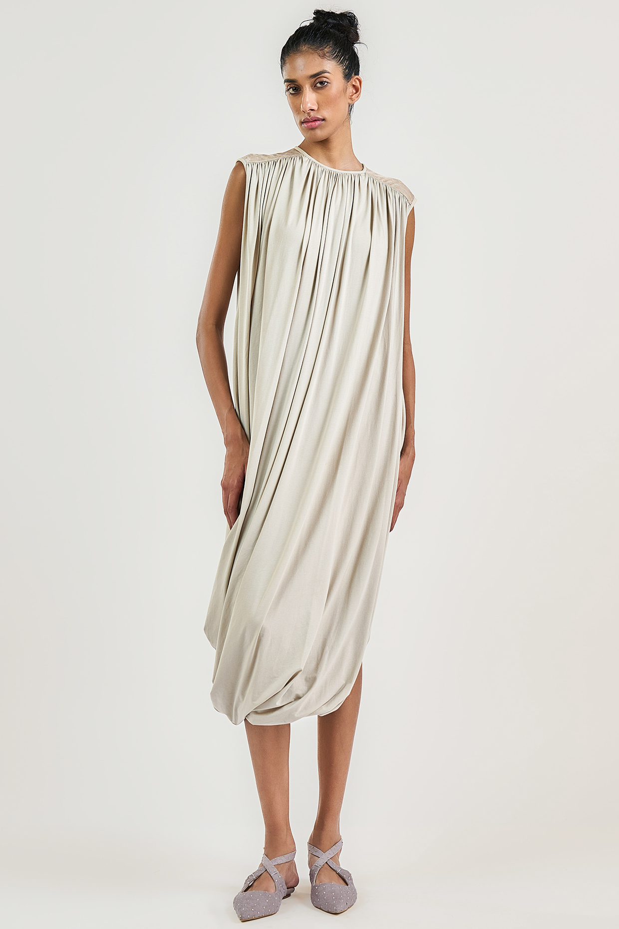 Taupe Jersey Draped Midi Dress by OTT by Tarun Tahiliani at Pernia's Pop Up Shop