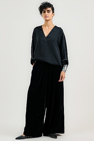 Black Velvet Pleated Trousers by OTT by Tarun Tahiliani