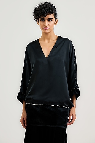 Black Silk Charmeuse & Velvet Tunic by OTT by Tarun Tahiliani