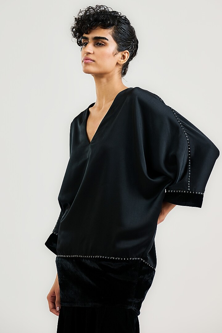Black Silk Charmeuse & Velvet Tunic by OTT by Tarun Tahiliani at Pernia's Pop Up Shop