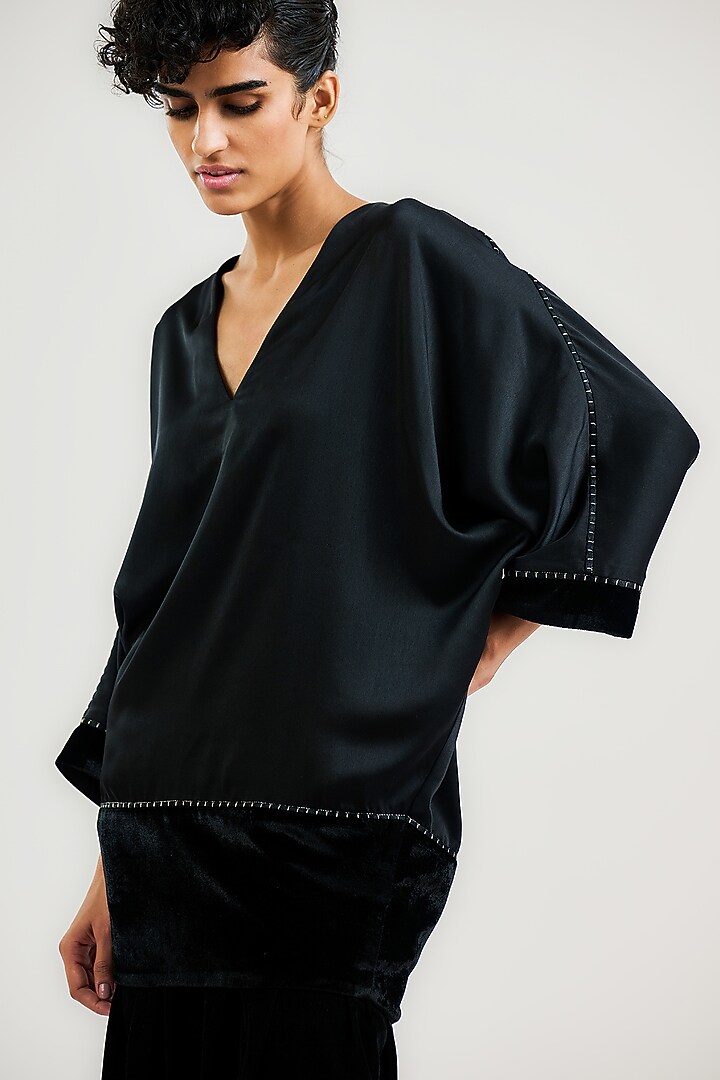 Black Silk Charmeuse & Velvet Tunic by OTT by Tarun Tahiliani at Pernia's Pop Up Shop