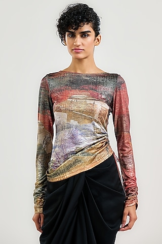 Multi-Colored Metallic Jersey Crystal Embellished T-Shirt by OTT by Tarun Tahiliani