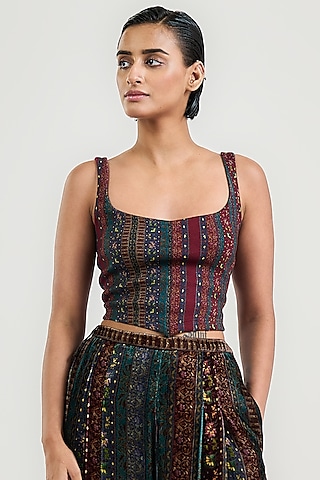 Burgundy Stretch Knit Stripe Printed Top by OTT by Tarun Tahiliani
