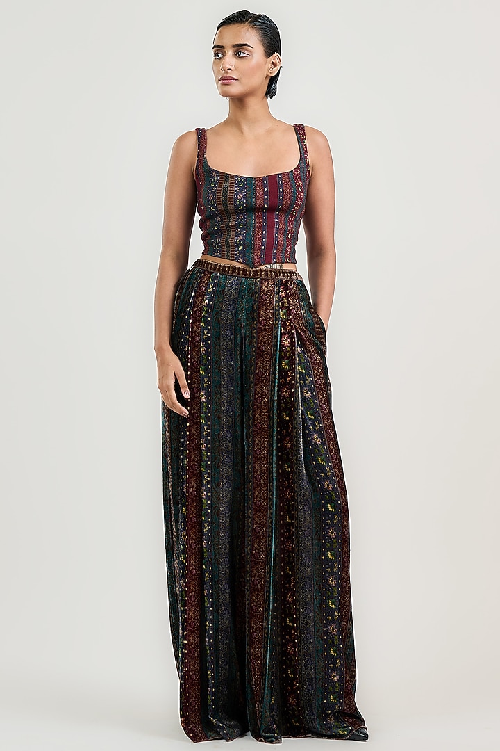 Burgundy Stretch Knit Stripe Printed Top by OTT by Tarun Tahiliani at Pernia's Pop Up Shop