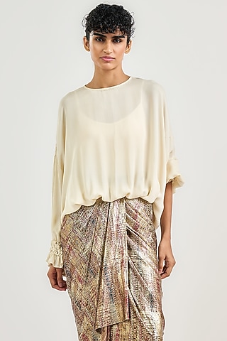 Ivory Silk Georgette Gathered Top by OTT by Tarun Tahiliani